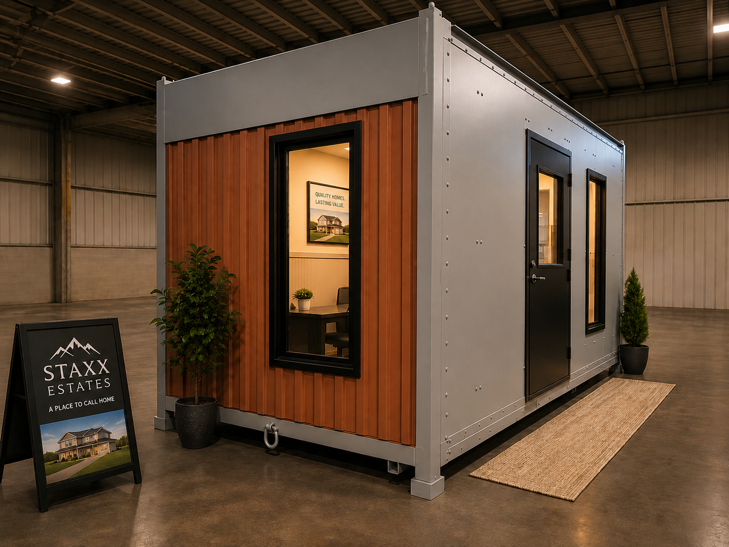 Custom modular container office with red corrugated siding and gray frame