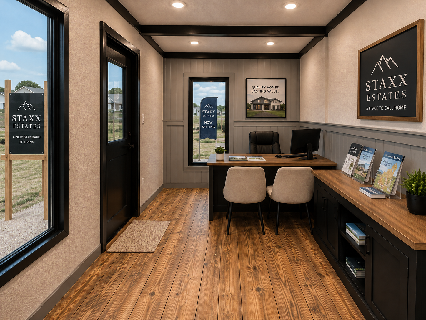 Custom container sales office interior with wood floors, desk, and branded signage