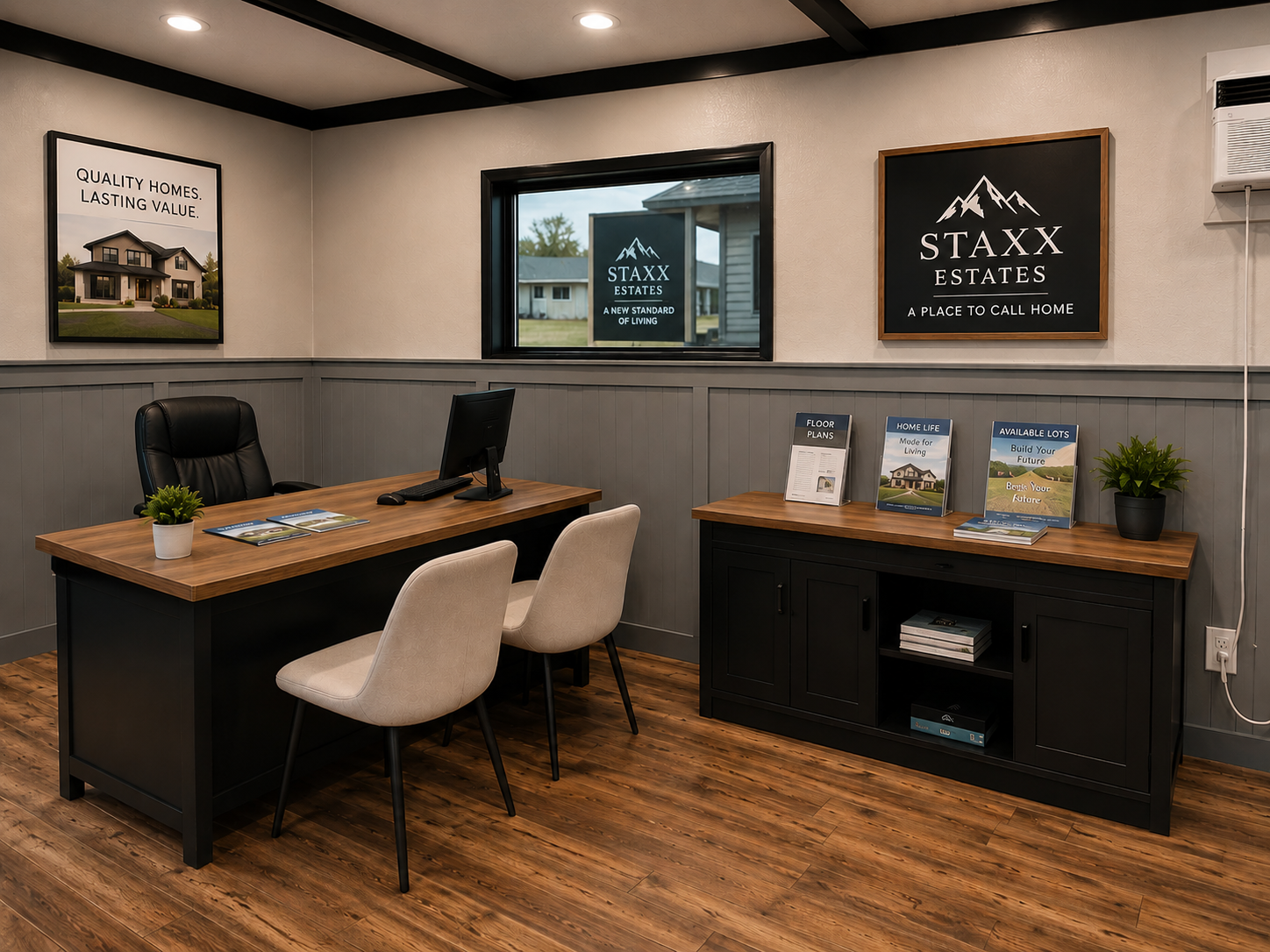 Custom container office interior with wood floors, dual desk setup, and branded wall art